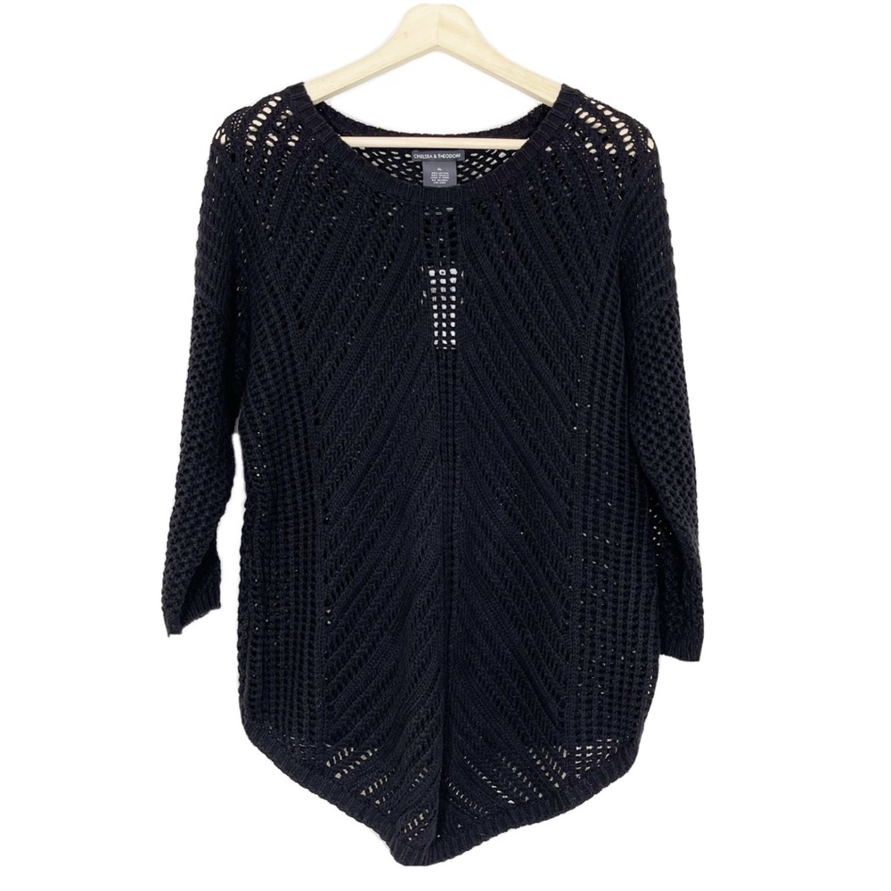 NWT Chelsea & Theodore Open Knit Sweater Crochet Pullover Black Sz XL